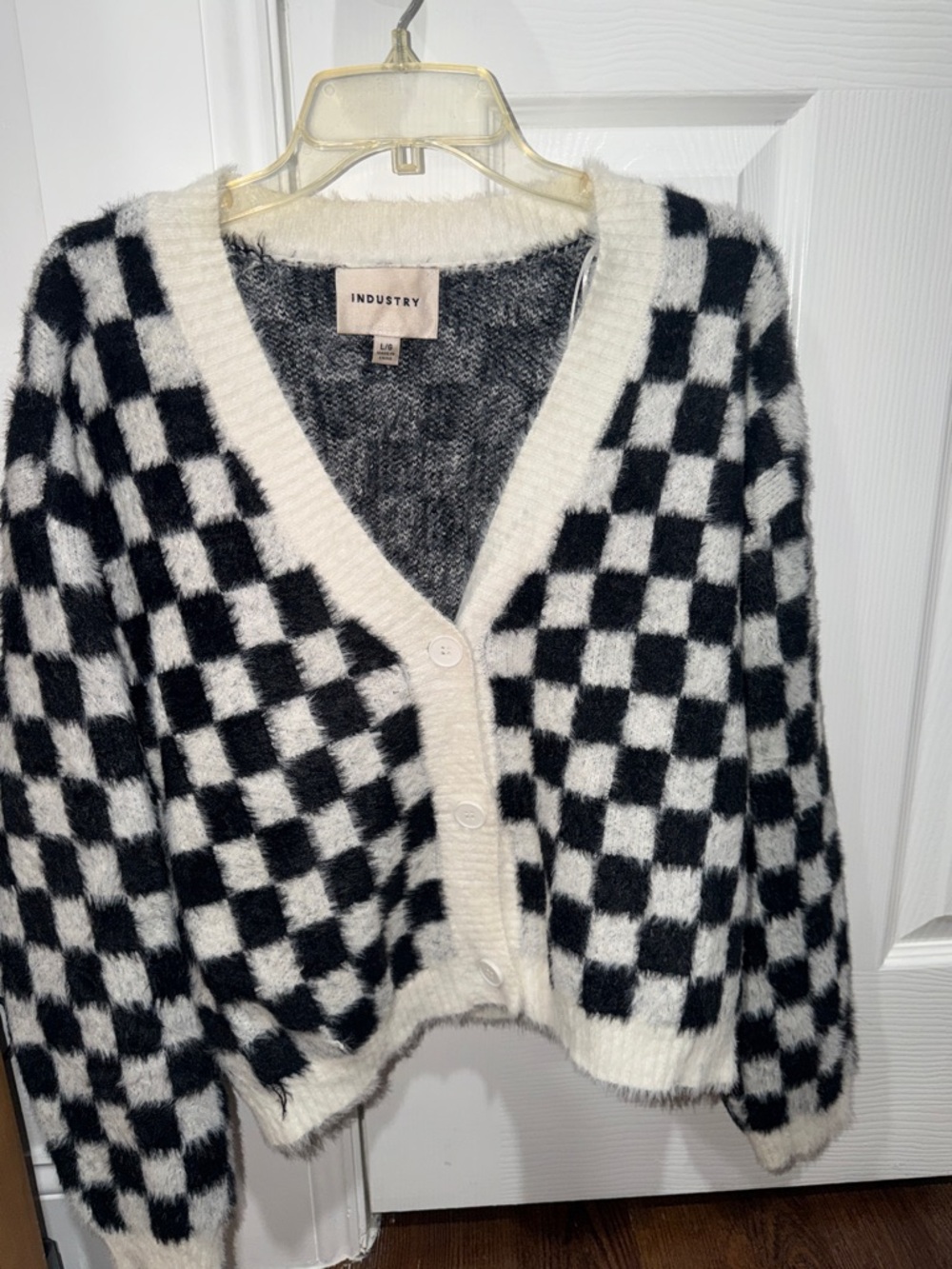 Industry Black & White Checkered Fuzzy Cardigan Sweater